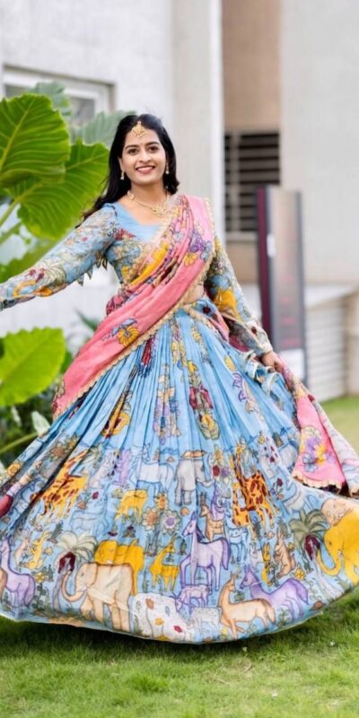 Aglow Blue Cotton Kalamkari Print Lehenga Choli | Lehenga, Bollywood Lehenga, Creative Lehenga, Designer Lehenga, Embroidered Lehenga, Party Wear Lehenga