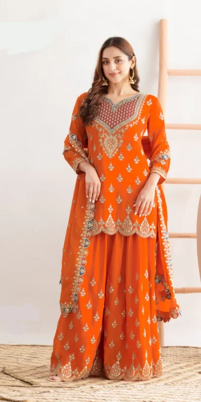 Aglow Orange Chinon Embroider Work Salwar Suit | Jump Suits, Salwar suit, Casual Suits, Creative suits, Designer Suits, Palazzo Suits, Party Wear Suits, Patiala Suits, Straight Suits