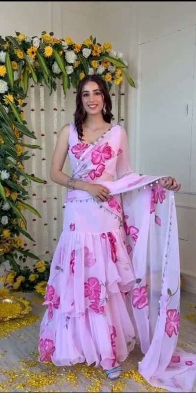 Baby Pink Premium Faux Georgette Digital Print Saree | Sarees, Bollywood Sarees, Creative Sarees, Designer Sarees, Embroidered Sarees, Ethnic Saree, Modern Digital sarees, Party Wear Sarees