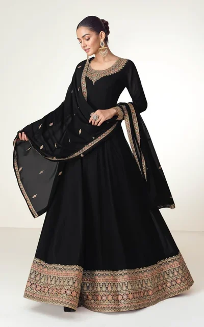 Black Blooming Georgette Embroidery Work Salwar Suit | Jump Suits, Salwar suit, Casual Suits, Creative suits, Designer Suits, Palazzo Suits, Party Wear Suits, Patiala Suits, Straight Suits