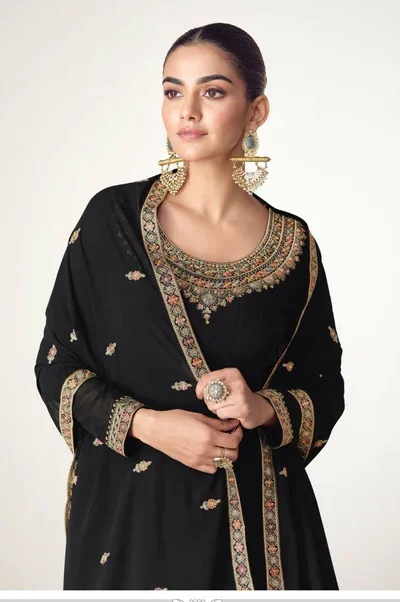 Black Blooming Georgette Embroidery Work Salwar Suit | Jump Suits, Salwar suit, Casual Suits, Creative suits, Designer Suits, Palazzo Suits, Party Wear Suits, Patiala Suits, Straight Suits