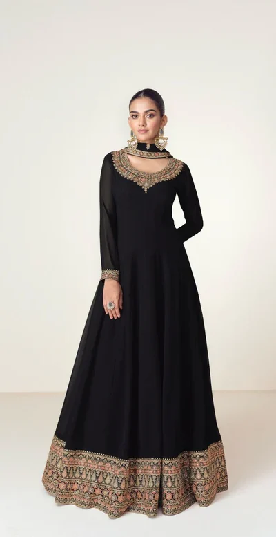 Black Blooming Georgette Embroidery Work Salwar Suit | Jump Suits, Salwar suit, Casual Suits, Creative suits, Designer Suits, Palazzo Suits, Party Wear Suits, Patiala Suits, Straight Suits
