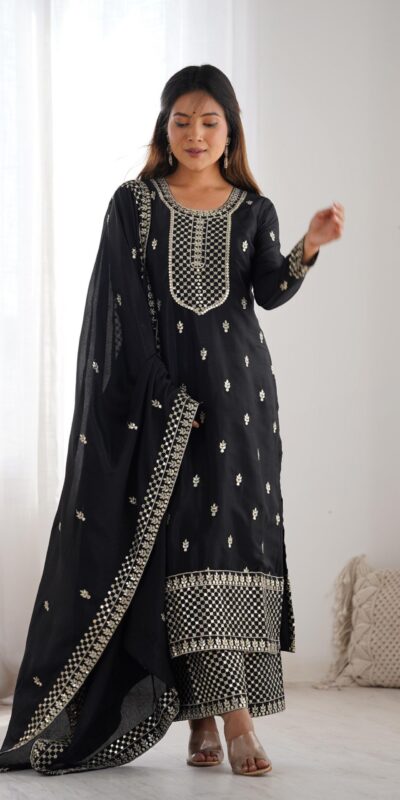 Black Chinon Silk Embroidery Jari Work Salwar Suit | Jump Suits, Salwar suit, Casual Suits, Creative suits, Designer Suits, Palazzo Suits, Party Wear Suits, Patiala Suits, Straight Suits