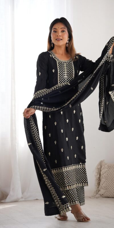 Black Chinon Silk Embroidery Jari Work Salwar Suit | Jump Suits, Salwar suit, Casual Suits, Creative suits, Designer Suits, Palazzo Suits, Party Wear Suits, Patiala Suits, Straight Suits