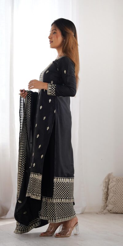 Black Chinon Silk Embroidery Jari Work Salwar Suit | Jump Suits, Salwar suit, Casual Suits, Creative suits, Designer Suits, Palazzo Suits, Party Wear Suits, Patiala Suits, Straight Suits
