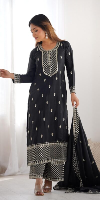 Black Chinon Silk Embroidery Jari Work Salwar Suit | Jump Suits, Salwar suit, Casual Suits, Creative suits, Designer Suits, Palazzo Suits, Party Wear Suits, Patiala Suits, Straight Suits