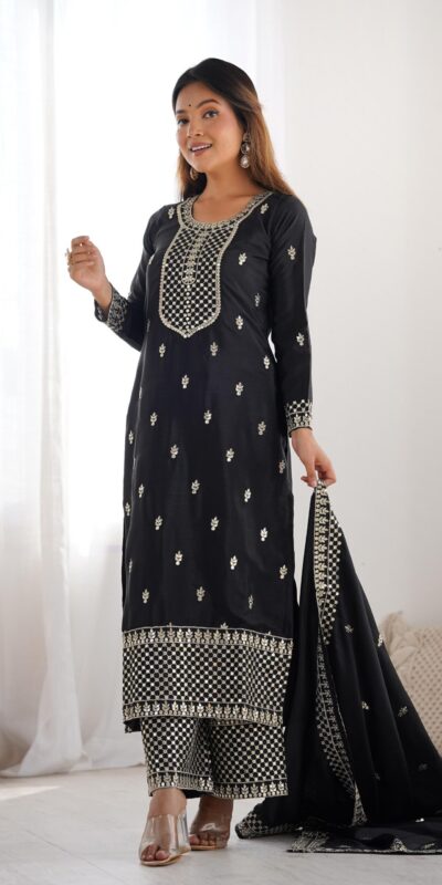 Black Chinon Silk Embroidery Jari Work Salwar Suit | Jump Suits, Salwar suit, Casual Suits, Creative suits, Designer Suits, Palazzo Suits, Party Wear Suits, Patiala Suits, Straight Suits