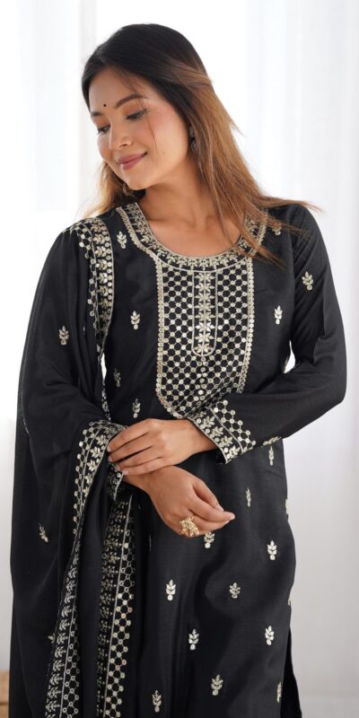 Black Chinon Silk Embroidery Jari Work Salwar Suit | Jump Suits, Salwar suit, Casual Suits, Creative suits, Designer Suits, Palazzo Suits, Party Wear Suits, Patiala Suits, Straight Suits