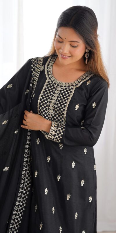 Black Chinon Silk Embroidery Jari Work Salwar Suit | Jump Suits, Salwar suit, Casual Suits, Creative suits, Designer Suits, Palazzo Suits, Party Wear Suits, Patiala Suits, Straight Suits