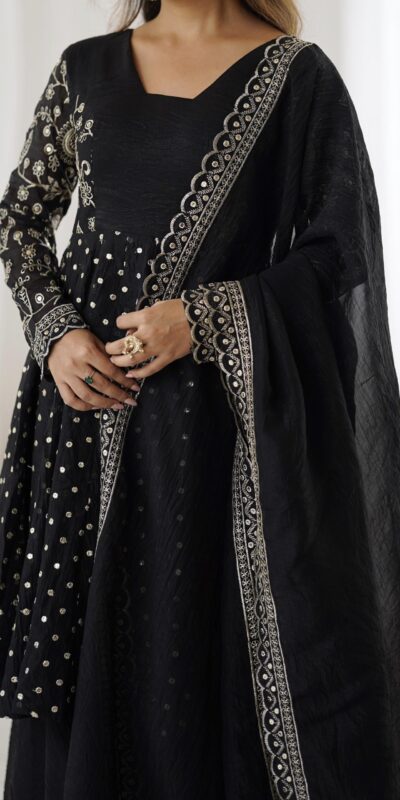 Black Crunchy Silk Embroidery Work Salwar Suit | Jump Suits, Salwar suit, Casual Suits, Creative suits, Designer Suits, Palazzo Suits, Party Wear Suits, Patiala Suits, Straight Suits