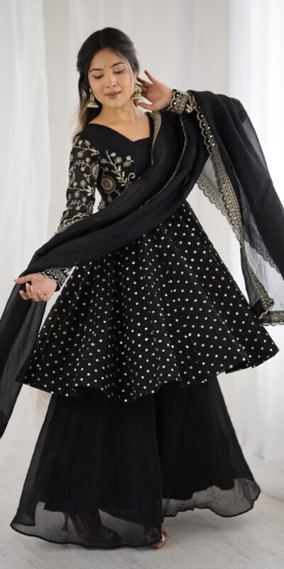 Black Crunchy Silk Embroidery Work Salwar Suit | Jump Suits, Salwar suit, Casual Suits, Creative suits, Designer Suits, Palazzo Suits, Party Wear Suits, Patiala Suits, Straight Suits