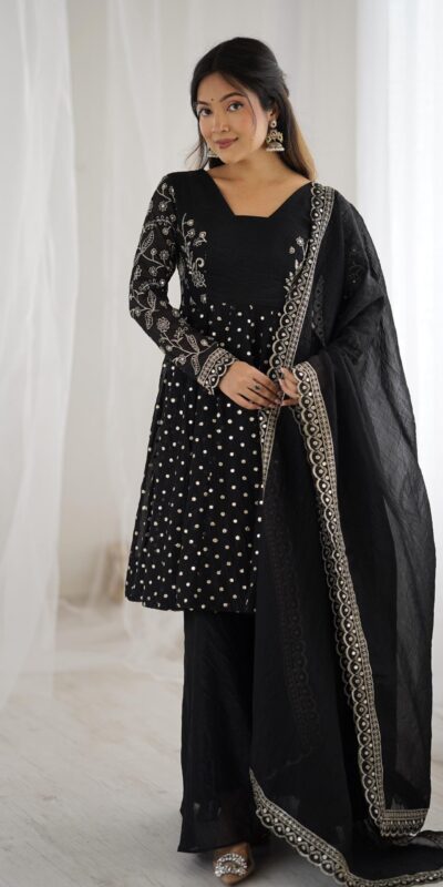 Black Crunchy Silk Embroidery Work Salwar Suit | Jump Suits, Salwar suit, Casual Suits, Creative suits, Designer Suits, Palazzo Suits, Party Wear Suits, Patiala Suits, Straight Suits