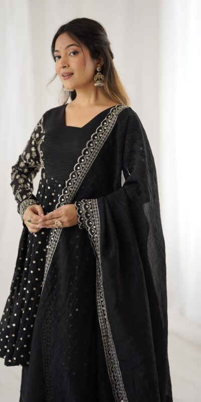Black Crunchy Silk Embroidery Work Salwar Suit | Jump Suits, Salwar suit, Casual Suits, Creative suits, Designer Suits, Palazzo Suits, Party Wear Suits, Patiala Suits, Straight Suits