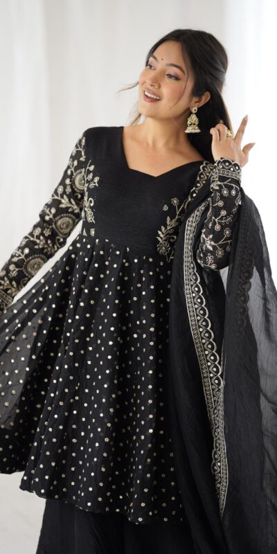 Black Crunchy Silk Embroidery Work Salwar Suit | Jump Suits, Salwar suit, Casual Suits, Creative suits, Designer Suits, Palazzo Suits, Party Wear Suits, Patiala Suits, Straight Suits