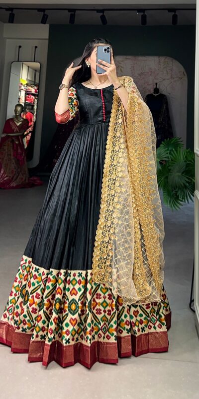 Black Dola Silk Print Foil Work With Dupatta Gown | Gowns, Bollywood Gowns, Creative Gowns, Designer Gowns, Embroidered Gowns, Party Wear Gowns