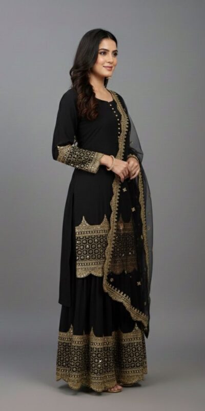 Black Faux Georgette Embroider Salwar Suit | Jump Suits, Salwar suit, Casual Suits, Creative suits, Designer Suits, Palazzo Suits, Party Wear Suits, Patiala Suits, Straight Suits