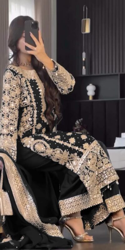 Black Faux Georgette Embroidery Salwar Suit | Jump Suits, Salwar suit, Casual Suits, Creative suits, Designer Suits, Palazzo Suits, Party Wear Suits, Patiala Suits, Straight Suits