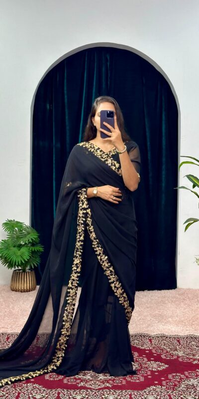 Black Faux Georgette Embroidery Work Border Stitched Saree-Gown | Gowns, Bollywood Gowns, Creative Gowns, Designer Gowns, Embroidered Gowns, Party Wear Gowns, Straight Suits