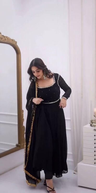 Black Faux Georgette Handwork Work Salwar Suit | Jump Suits, Salwar suit, Casual Suits, Creative suits, Designer Suits, Palazzo Suits, Party Wear Suits, Patiala Suits, Straight Suits