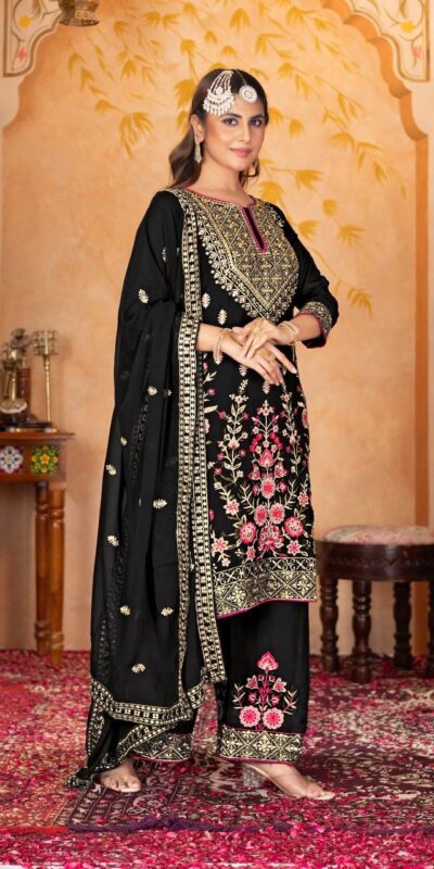 Black Faux Georgette With Embroidery Work Salwar Suit | Jump Suits, Salwar suit, Casual Suits, Creative suits, Designer Suits, Palazzo Suits, Party Wear Suits, Patiala Suits, Straight Suits