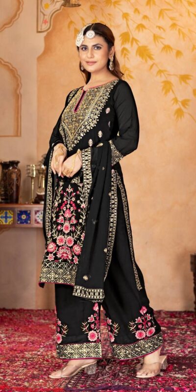 Black Faux Georgette With Embroidery Work Salwar Suit | Jump Suits, Salwar suit, Casual Suits, Creative suits, Designer Suits, Palazzo Suits, Party Wear Suits, Patiala Suits, Straight Suits