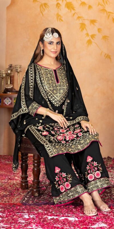 Black Faux Georgette With Embroidery Work Salwar Suit | Jump Suits, Salwar suit, Casual Suits, Creative suits, Designer Suits, Palazzo Suits, Party Wear Suits, Patiala Suits, Straight Suits