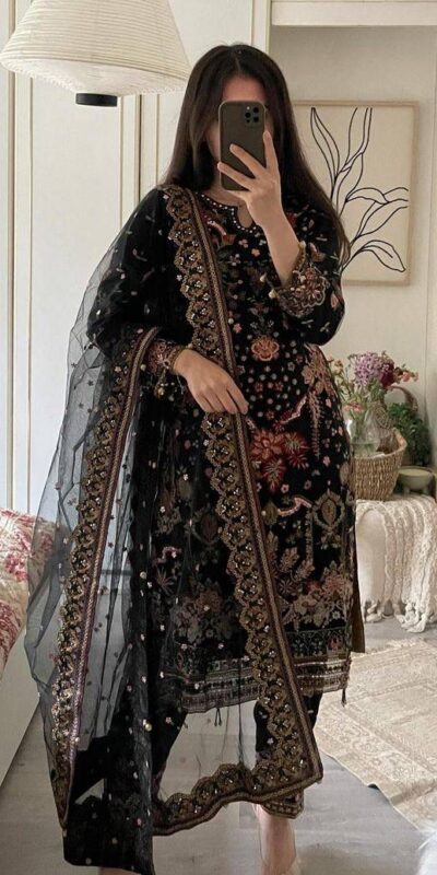 Black Faux Georgette With Sequence Work Salwar Suit | Jump Suits, Salwar suit, Casual Suits, Creative suits, Designer Suits, Palazzo Suits, Party Wear Suits, Patiala Suits, Straight Suits