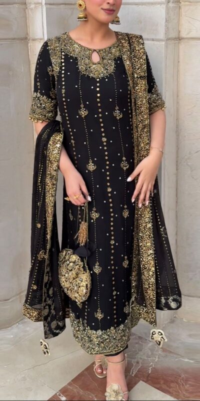 Black Foux Gorgette Lace Work Salwar Suit | Jump Suits, Tops & Bottoms, Track Suits, Salwar suit, Casual Suits, Creative suits, Designer Suits, Palazzo Suits, Party Wear Suits, Patiala Suits, Straight Suits, Trendy Wear