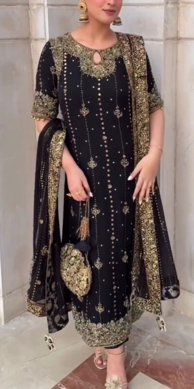 Black Foux Gorgette Lace Work Salwar Suit | Jump Suits, Tops & Bottoms, Track Suits, Salwar suit, Casual Suits, Creative suits, Designer Suits, Palazzo Suits, Party Wear Suits, Patiala Suits, Straight Suits, Trendy Wear