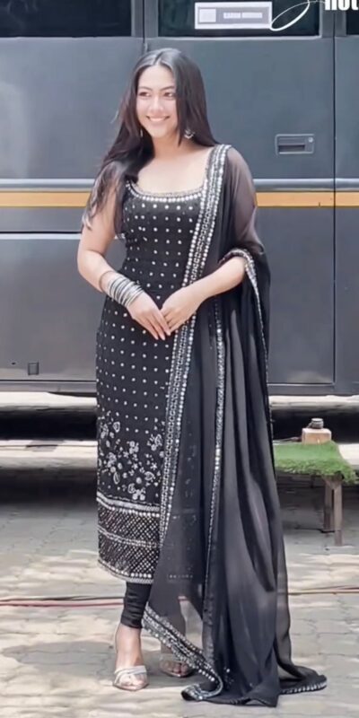 Black Foux Gorgette Mirror Work Salwar Suit | Jump Suits, Tops & Bottoms, Track Suits, Salwar suit, Casual Suits, Creative suits, Designer Suits, Palazzo Suits, Party Wear Suits, Patiala Suits, Straight Suits, Trendy Wear