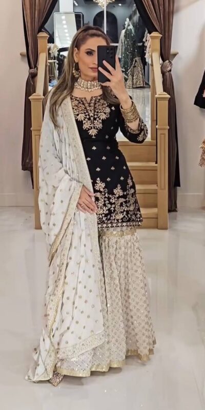 Black Fox Georgette Embroidery Lace Work Salwar Suit | Jump Suits, Tops & Bottoms, Track Suits, Salwar suit, Casual Suits, Creative suits, Designer Suits, Palazzo Suits, Party Wear Suits, Patiala Suits, Straight Suits, Trendy Wear