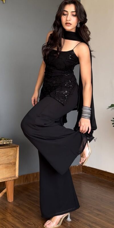 Black Georgette Sequins Work Salwar Suit | Jump Suits, Salwar suit, Casual Suits, Creative suits, Designer Suits, Palazzo Suits, Party Wear Suits, Patiala Suits, Straight Suits