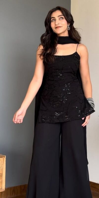 Black Georgette Sequins Work Salwar Suit | Jump Suits, Salwar suit, Casual Suits, Creative suits, Designer Suits, Palazzo Suits, Party Wear Suits, Patiala Suits, Straight Suits