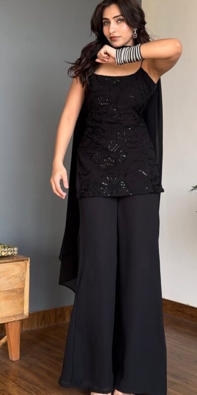 Black Georgette Sequins Work Salwar Suit | Jump Suits, Salwar suit, Casual Suits, Creative suits, Designer Suits, Palazzo Suits, Party Wear Suits, Patiala Suits, Straight Suits