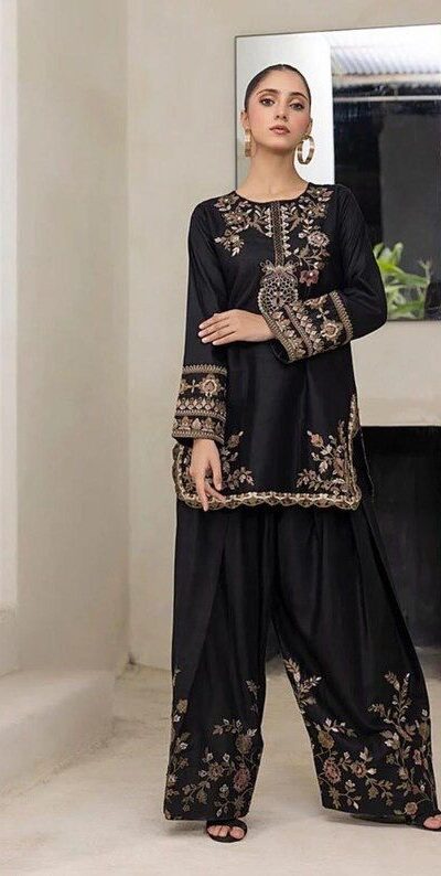 Black Natural Crep Embroidery Work Salwar Suit | Jump Suits, Salwar suit, Casual Suits, Creative suits, Designer Suits, Palazzo Suits, Party Wear Suits, Patiala Suits, Straight Suits