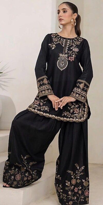 Black Natural Crep Embroidery Work Salwar Suit | Jump Suits, Salwar suit, Casual Suits, Creative suits, Designer Suits, Palazzo Suits, Party Wear Suits, Patiala Suits, Straight Suits