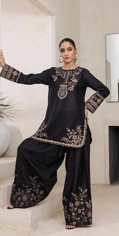 Black Natural Crep Embroidery Work Salwar Suit | Jump Suits, Salwar suit, Casual Suits, Creative suits, Designer Suits, Palazzo Suits, Party Wear Suits, Patiala Suits, Straight Suits
