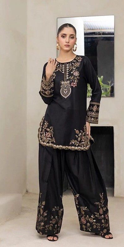 Black Natural Crep Embroidery Work Salwar Suit | Jump Suits, Salwar suit, Casual Suits, Creative suits, Designer Suits, Palazzo Suits, Party Wear Suits, Patiala Suits, Straight Suits