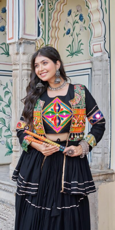 Black Pure Cotton Mirror Gamthi Work Lehenga Choli | Lehenga, Bollywood Lehenga, Creative Lehenga, Designer Lehenga, Embroidered Lehenga, Party Wear Lehenga