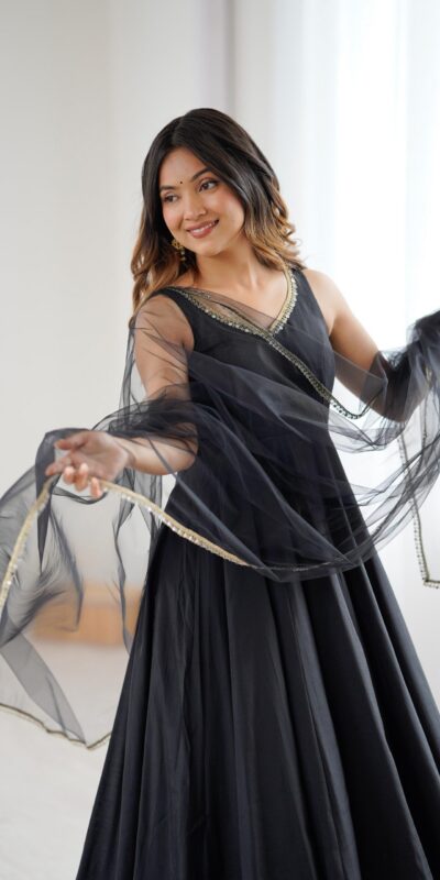 Black Roman Silk Chanderi Mirror Work Gown | Jump Suits, Salwar suit, Casual Suits, Creative suits, Designer Suits, Palazzo Suits, Party Wear Suits, Patiala Suits, Straight Suits
