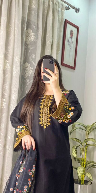 Black Roman Silk With Embroidery Salwar Suit | Jump Suits, Tops & Bottoms, Track Suits, Salwar suit, Casual Suits, Creative suits, Designer Suits, Palazzo Suits, Party Wear Suits, Patiala Suits, Straight Suits, Trendy Wear