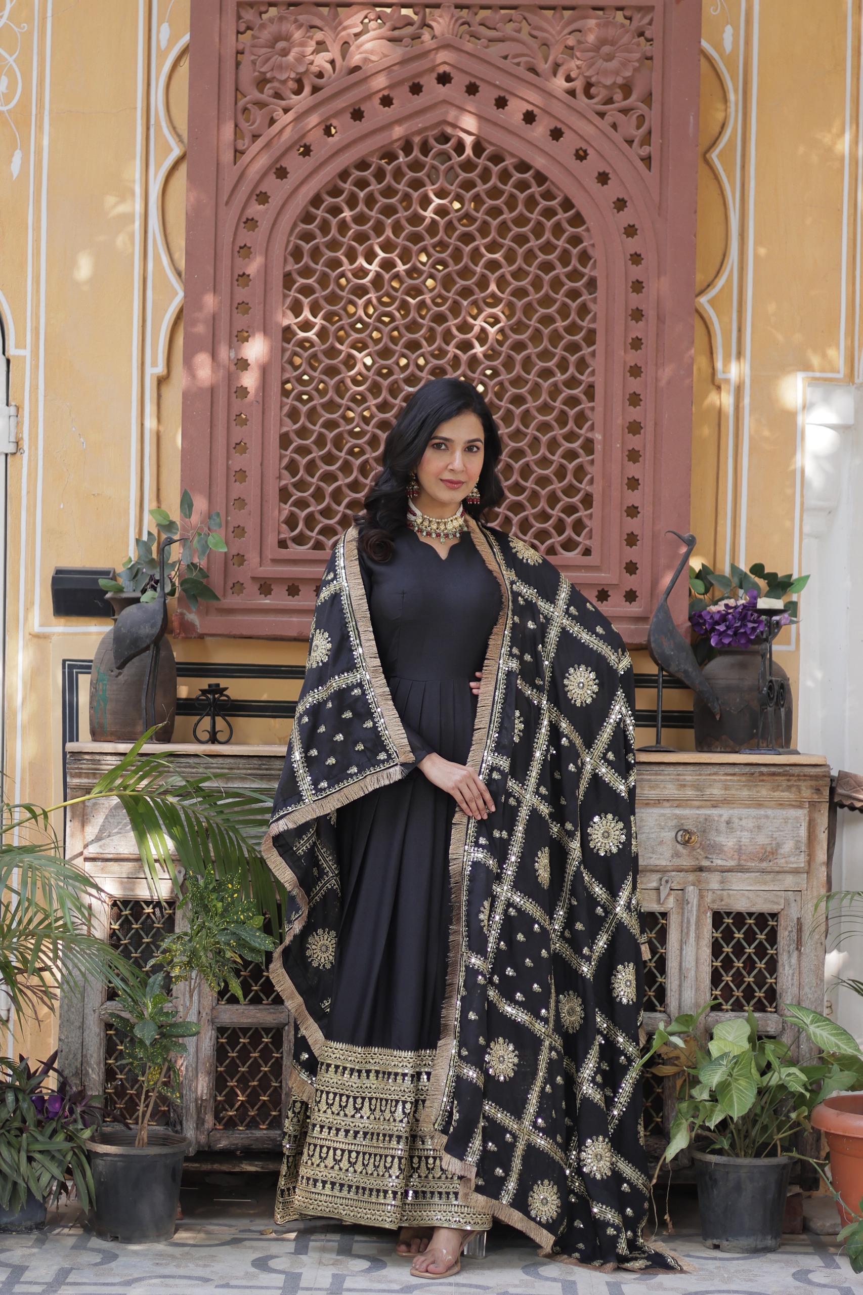 Black Star Georgette Zari Embroidery Work Gown | Gowns, Bollywood Gowns, Creative Gowns, Designer Gowns, Embroidered Gowns, Party Wear Gowns