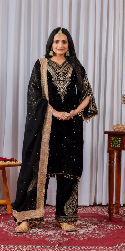 Black Viscose Velvet Embroidery Salwar Suit | Jump Suits, Salwar suit, Casual Suits, Creative suits, Designer Suits, Palazzo Suits, Party Wear Suits, Patiala Suits, Straight Suits