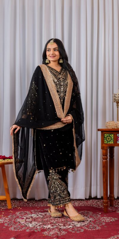 Black Viscose Velvet Embroidery Salwar Suit | Jump Suits, Salwar suit, Casual Suits, Creative suits, Designer Suits, Palazzo Suits, Party Wear Suits, Patiala Suits, Straight Suits