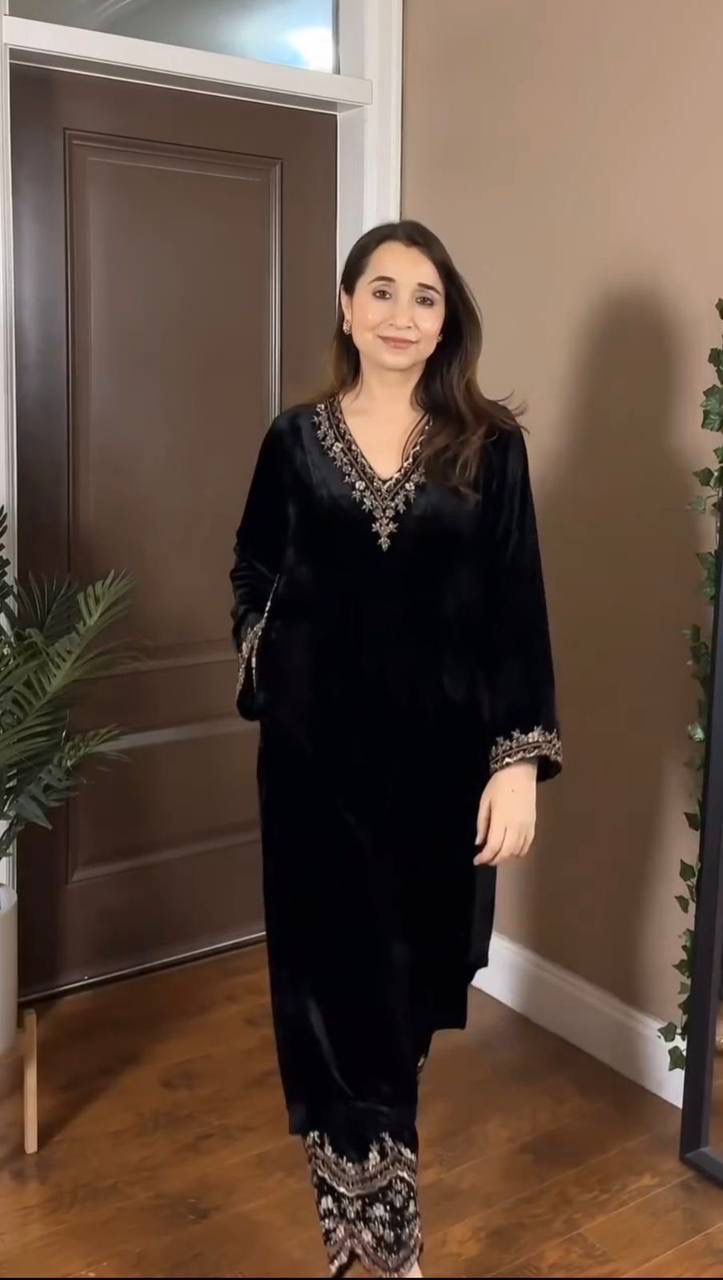 Black Viscose Velvet Thread Work Salwar Suit | Jump Suits, Salwar suit, Casual Suits, Creative suits, Designer Suits, Palazzo Suits, Party Wear Suits, Patiala Suits, Straight Suits