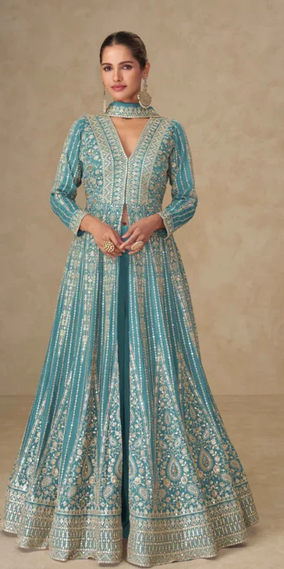 Blue Chinon Silk Embroider Work Salwar Suit | Jump Suits, Salwar suit, Casual Suits, Creative suits, Designer Suits, Palazzo Suits, Party Wear Suits, Patiala Suits, Straight Suits