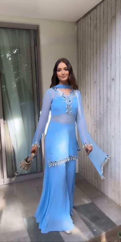 Blue Faux Georgette Cowrie Mirror Work Salwar Suit | Jump Suits, Salwar suit, Casual Suits, Creative suits, Designer Suits, Palazzo Suits, Party Wear Suits, Patiala Suits, Straight Suits