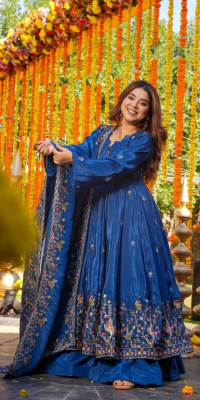 Blue Natural Crap Silk Embroidery Work Anarkali Suit | Anarkali Suits, Bollywood Anarkali, Creative-Anarkali, Designer Anarkali, Embroidered Anarkali, Party Wear Anarkali