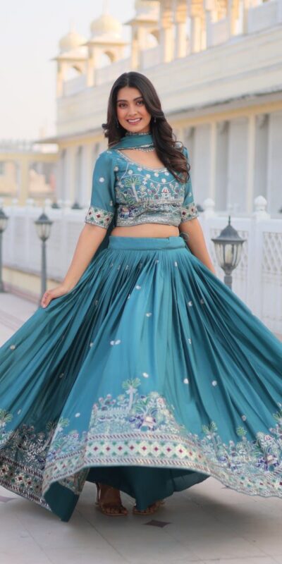 Blue Pure Chinon Embroidery Work Lehenga Choli | Lehenga, Bollywood Lehenga, Creative Lehenga, Designer Lehenga, Embroidered Lehenga, Party Wear Lehenga