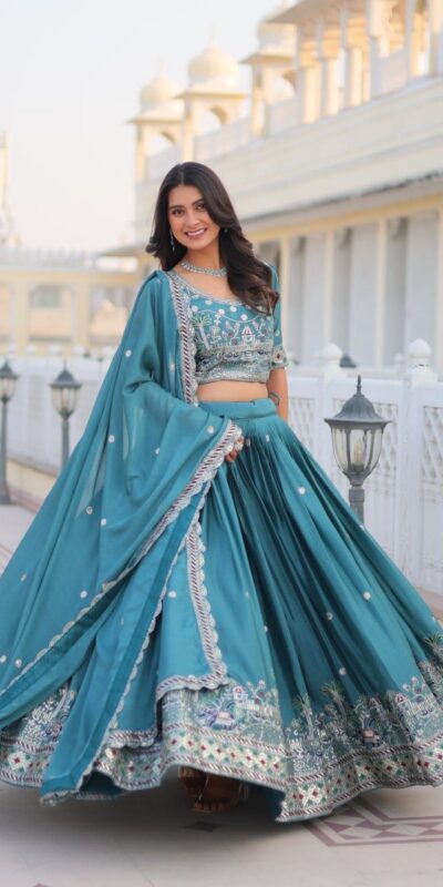 Blue Pure Chinon Embroidery Work Lehenga Choli | Lehenga, Bollywood Lehenga, Creative Lehenga, Designer Lehenga, Embroidered Lehenga, Party Wear Lehenga